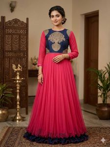 Elegant Pink Net Gown with Embellished Yoke