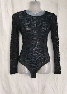 6206. Sheer Black Lace Long Sleeve Bodysuit