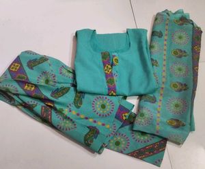 Teal Printed &amp; off white banarsi suit