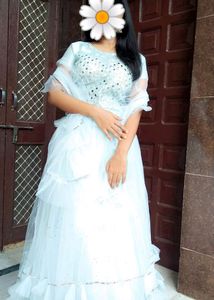 Beautiful Ice Blue Lehanga With Half Flir Dupatta