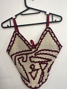 Boho Cream &amp; Burgundy Crocheted backless Top 👠
