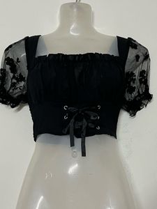 Pintresty Black Lace Puff Sleeve Crop Top
