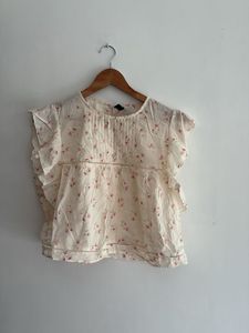 Cream Floral Ruffle Sleeve Top