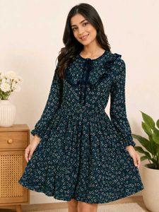 Floral Print Ruffled Neck Dress