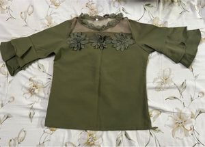 Green Ruffled Sleeve Top with Floral Detail