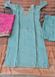 Beautiful Sky Blue Kurta Set with Pink Dupatta