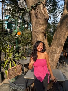 Chic Pink Strapless Ribbed Asymmetrical top small