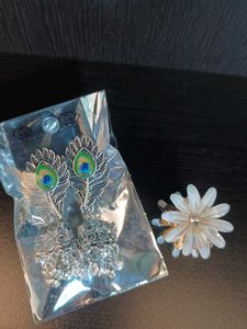 Peacock Jhumka Earrings &amp; Flower Hair Clip