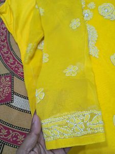 Yellow Chikan Embroidery Kurti