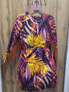 Vibrant Tropical Print Dress with Fringe