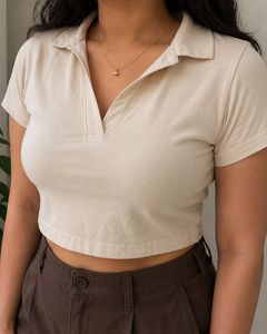 Cream Cropped Polo Top