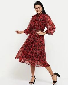 Max Chic Red Floral Midi Dress