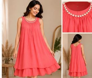Coral Pink Dress with Pearl Neckline