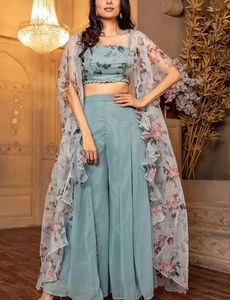 Floral Crop Top, Palazzo Pants & Shrug Set