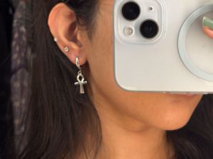 Alt Gothic Silver Ankh Charm Hoop Earrings