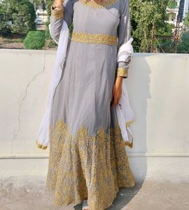 Grey Anarkali Gown with Golden Embroidery