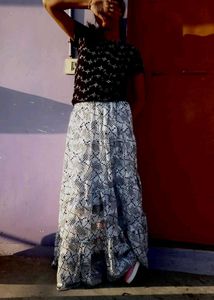 Long white skirt with black Polka dot