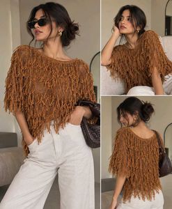 Brown Fringe Knit Top