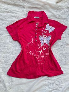 Pink Butterfly Print Collared Top