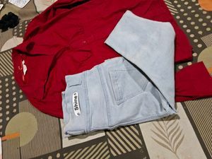 Red Button-Down Shirt &amp; Light Wash Jeans