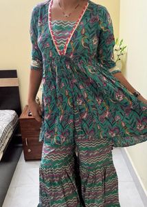Green Block Print Kurta with Sharara Pants