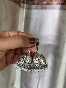 Traditional Silver Jhumka Earrings with White Bead