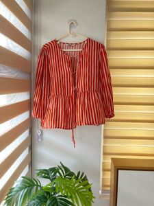brick &amp; White Striped Peplum Top