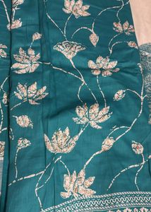 Teal Lotus Print Dress Material