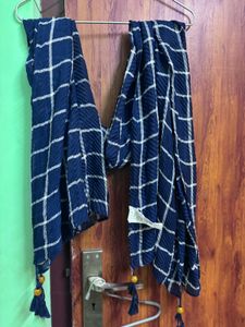 Navy Blue Plaid Scarf with Tassels
