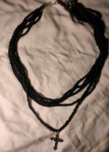 Black Beaded Necklace with Cross Pendant
