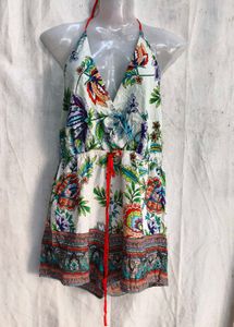 4129. Boho Floral Print Halter Neck Romper