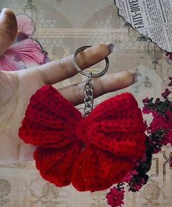 Handmade Crochet Red Bow Keychain