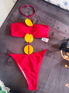 Stylish Red Bikini with Unique Yellow Accents