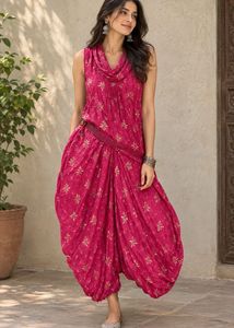 Vibrant Pink cowl tunic with Gold Print