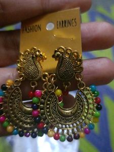 Boho Peacock Jhumka Earrings with Colorful Beads