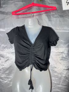 Ally Black Ruched Drawstring Top