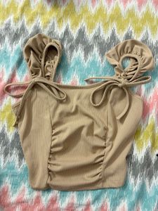 Cute Tan Ribbed Ruched Crop Top