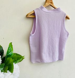 Lavender Ribbed Sleeveless High Neck Top | Size L
