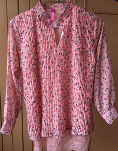 Pink Floral Blouse with Lace Trim