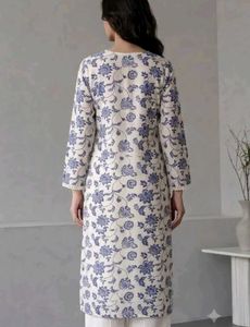 Blue Floral Print Kurta with Lace Detail