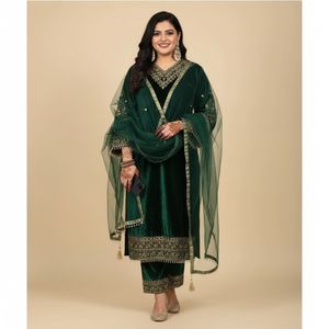 Green Velvet Kurta Set with Dupatta