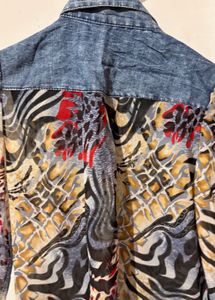 Unique Denim &amp; Print Fringe Shirt