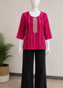 Vibrant Pink Printed Kurta with Embellished Neckli