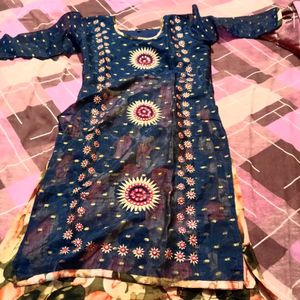 Navy Blue Kurta Set with Printed Skirt