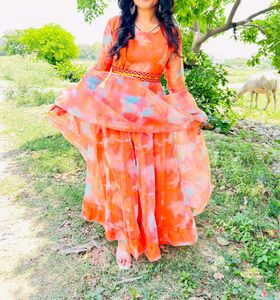 Orange Tie-Dye Anarkali Gown