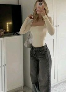 Cream Square Neck Long Sleeve Top