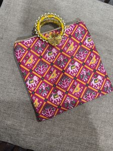 Ethnic Print Handbag with Unique Handle