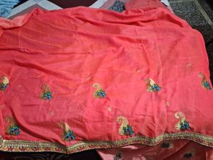 Coral Saree with golden blouse piece