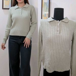 Ribbed Knit Polo Top - Long Sleeve
