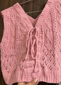 Pink Cable Knit V-Neck Vest